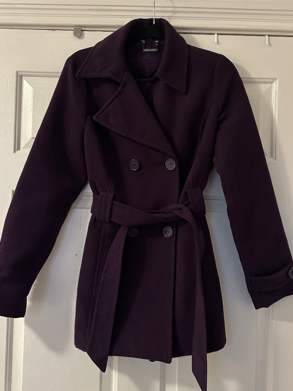 Joujou Women's Medium Double Breasted Peacoat Dark Purple Belted Trench Winter